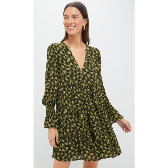 NWT Pomander Place Kenzo Long Sleeve Tiered Green Geo Print Mini Dress Large - Picture 1 of 7